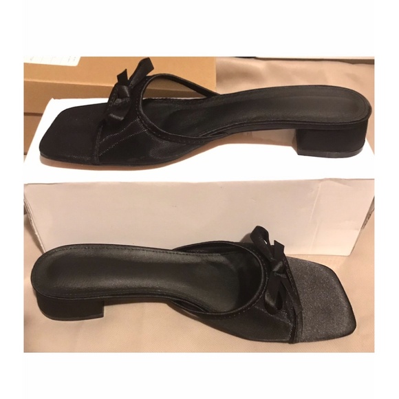 Black Mesh Bow Heels Low Block - Picture 1 of 13